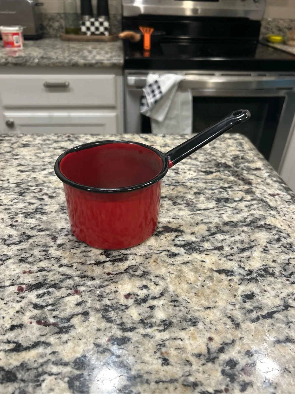 VINTAGE RED & BLACK ENAMELWARE MILK PAN OR BUTTER/CREAM WARMING POT- 4